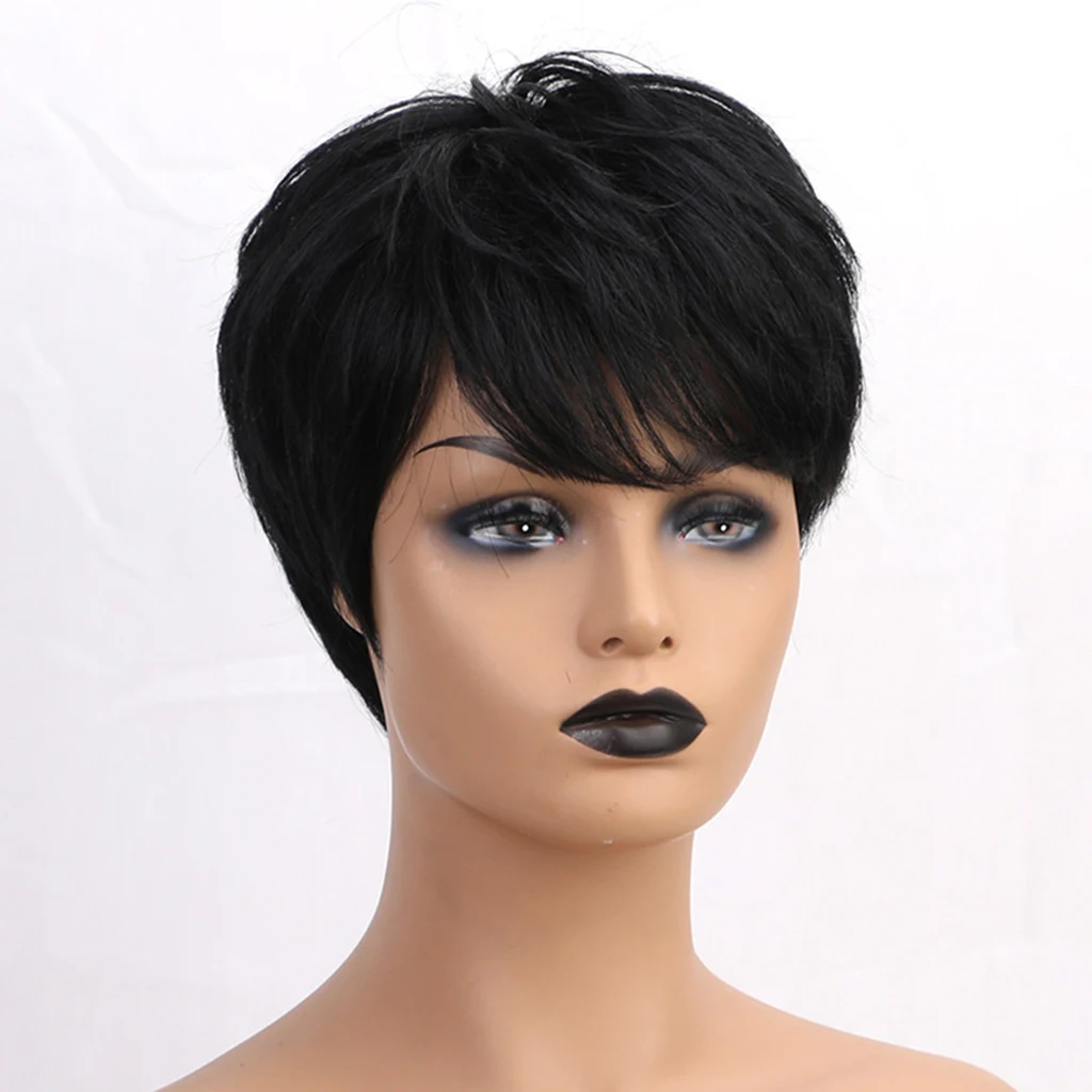 

10” Short Straight Pixie Wigs Natural Wigs for Women with Side Bangs Smooth Human Hair Wig with Adjustable Wig