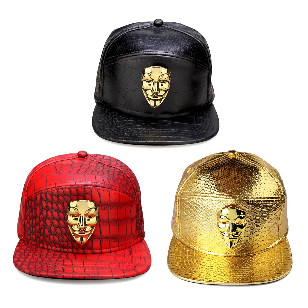 Hip Hop Snapback Caps V For Vendetta Baseball PU Leather 5 Panel Metal Casual Belt Buckle Trend Hat Men Black Red Gold Summer