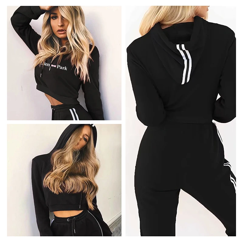 

2021 Women's Logo Print Cropping Sports Suit Ladies Pullover Hoodies Jogging Sweatpants Women Casual Design Streetwear