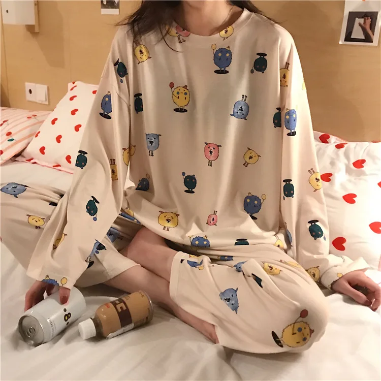 

Spring and Autumn Pajamas Women Long Sleeve Suit Cartoon Printing Pajamas Home Suit Cute Crewneck Turtleneck Home Suit