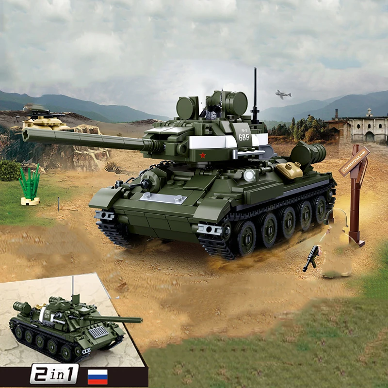 

2 In 1 Military Equipment T34/85 Tank Building Blocks DIY Military Weapon Soldier Role Vehicle Assembly Brick Children's Toy
