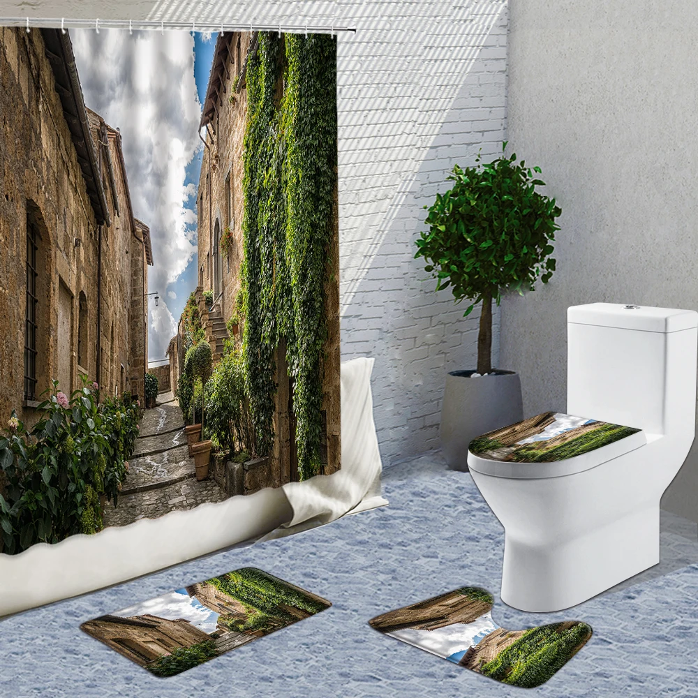 

Old Vintage European Style Country Street Shower Curtains 4 Piece Set Medieval Retro Bathroom Curtain Set Bath Mats Rug Carpet