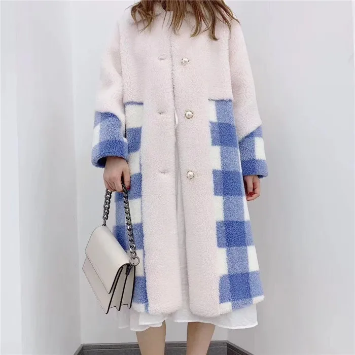 blue plaid 1 Осень Зима для женщин дамы из натуральной овечьей шерсти меховые пальто мода плед стрижки овец Длинные теплые куртки - Цвет: blue plaid 1