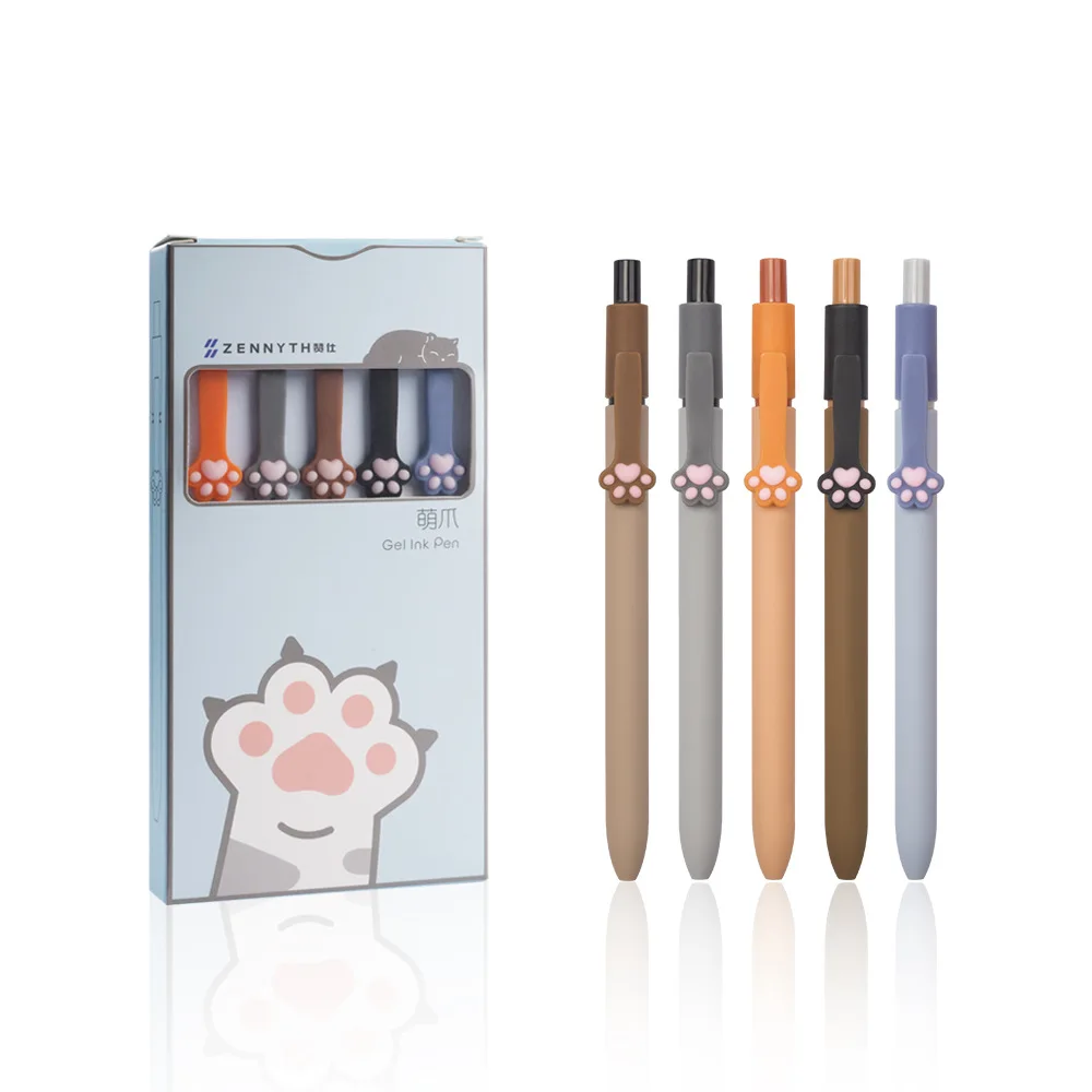 5pcs Cute Cat Paw Gel Ink Pens Set Soft Touch De-stressing Design 0.5mm Ballpoint Black Color Writing Office School A6602