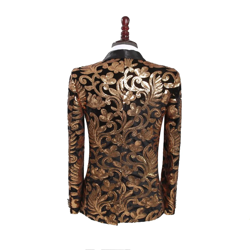 Мужской блейзер с лацканами черный бархатный золотыми цветами и блестками