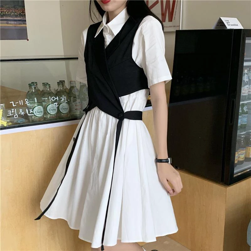 

French Polo Collar Short Sleeve White Dress+black Vest Summer Slim Knee-length Dresses Women 2021 Vintage Chic Streetwear Dress
