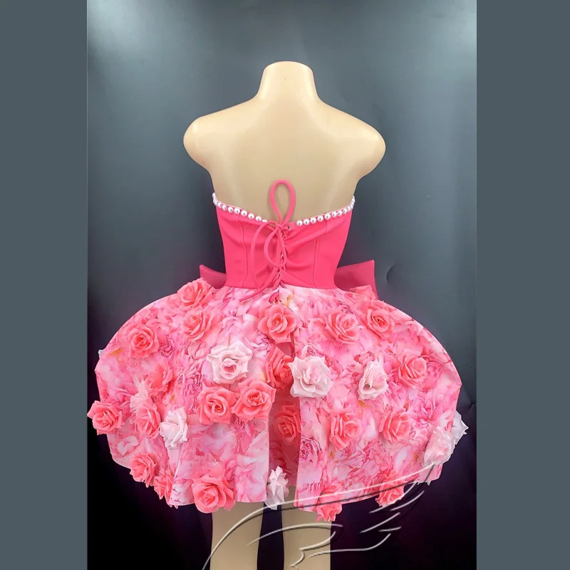 

Cute Pink Party Stage Rose Shape Short Dress Sleeveless Fluffy Dress Birthday Celebrate Prom Wear Women Nightclub Dresses XS1094