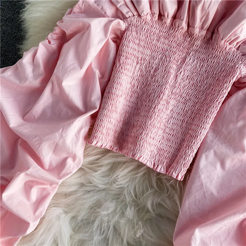 

2021 Fashion Blusas Women Blouses Off Shoulder Puff Long Sleeve Slim Sexy Crop Tops Shirt Elegant Ruffles White Female Clothing