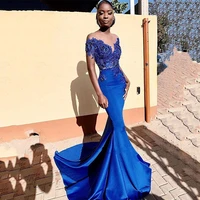 royal blue prom evening dresses long 2021 off shoulder african satin special occasion gowns with applique beads vestidos