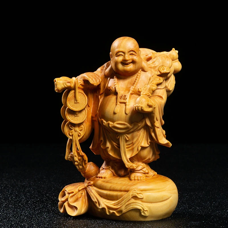 

Boxwood 10 13 15cm Maitreya Sculpture Wood Carving Laughing Buddha Statues Home Decor