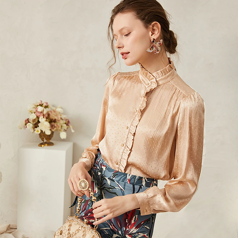 100% High Quality Silk Blouse Woman Ruffles Shirt Polka Dot Rose Gold Printed Simple Design Long Sleeves Office Style Fashion