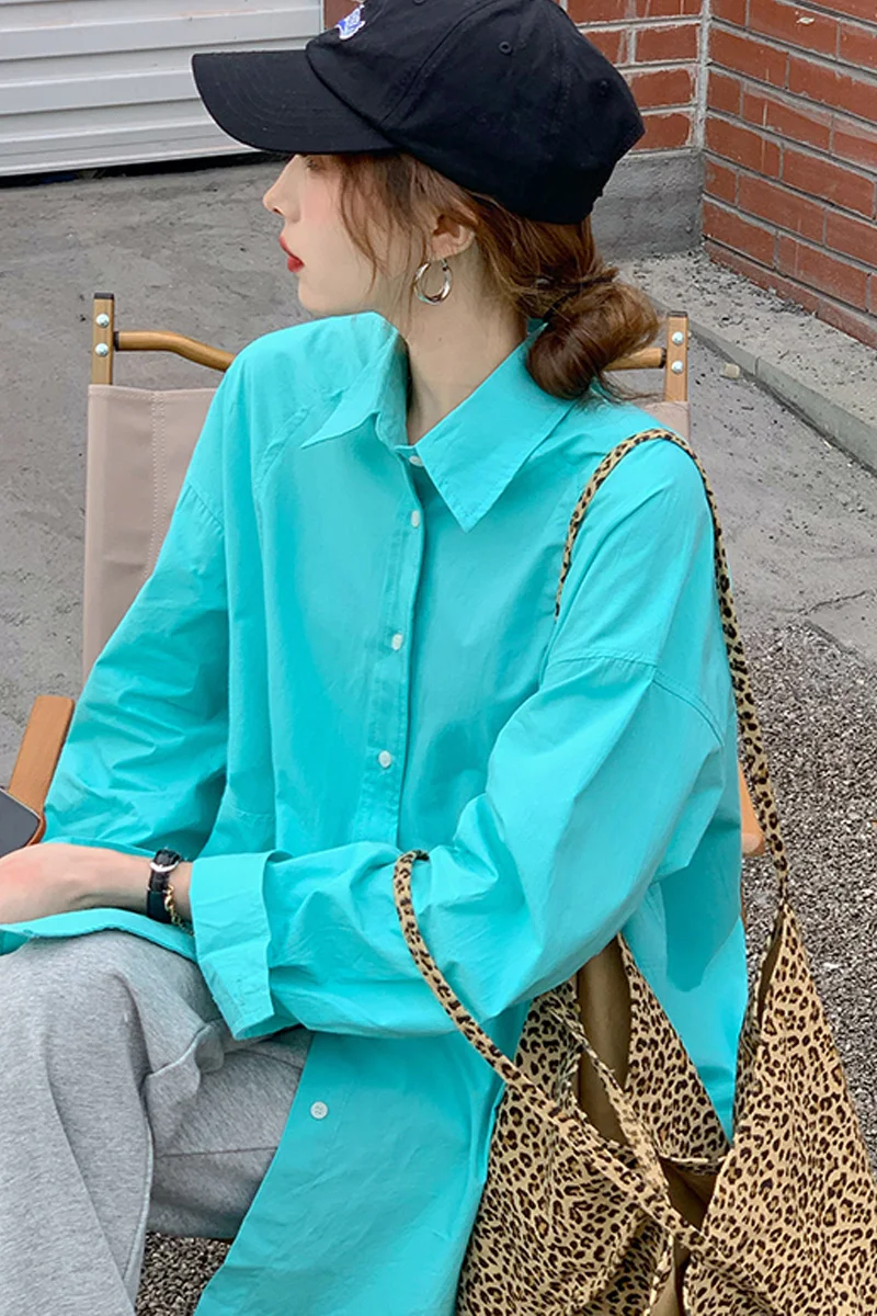 

IEQJ Women Light Blue Vintage All Match Big Size Split Blouse New Lapel Long Sleeve Loose Shirt Fashion Tide Summer 2021 3F0351