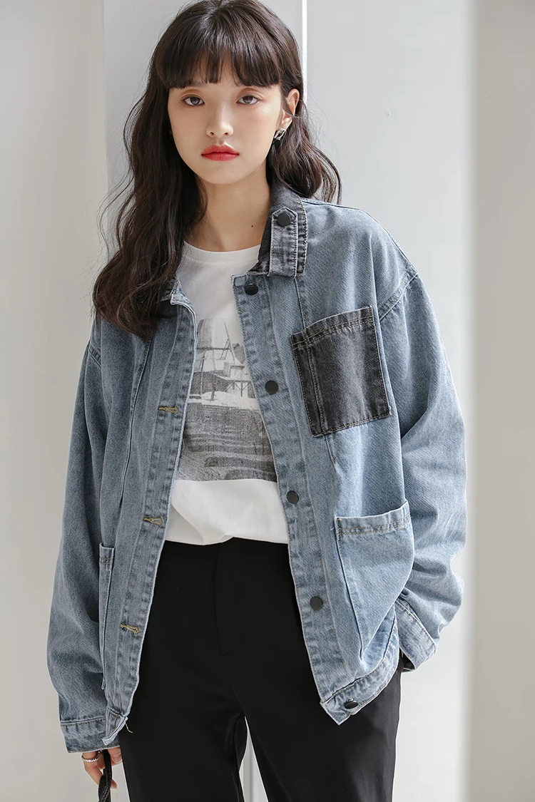 

Женская джинсовая куртка в стиле пэчворк, синяя джинсовая куртка с длинным рукавом, свободная уличная одежда, весна-осень 2021