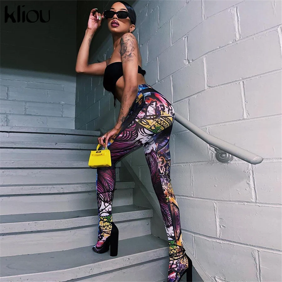 

Kliou Print Foot Leggings Female Skinny Body-Shaping Medium Waist Sexy Booty Lifting Street Style Hipster High Street Trouser