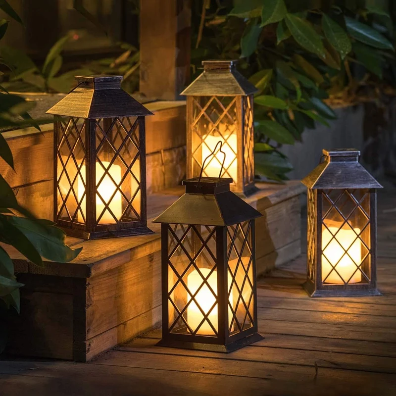 

Solar Lantern LED Lights Lamp Outdoor, Glass Hanging Lantern Powered Waterproof Flickering Flameless Candle Light