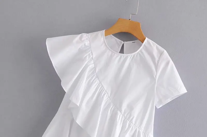 

2020 Women Korean Sweet Solid Color Ruffles Casual Irregular Blouse Shirts Women Short Sleeve Blusas Summer White Tops