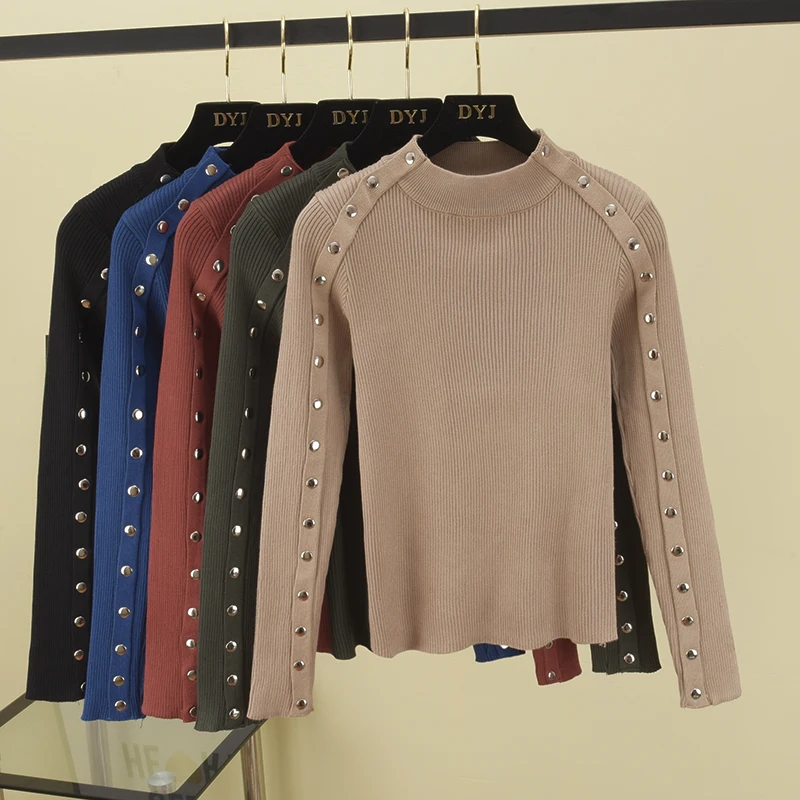 

Suter de manga larga con cuello redondo y botones fruncidos para mujer, suter elstico de oto o e invierno, jersis lisos suaves,