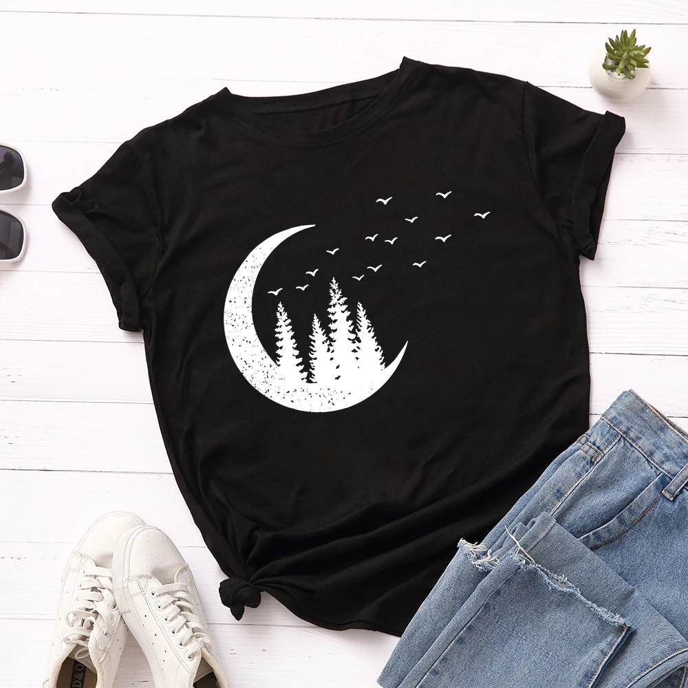 

Moon Plants Trees Birds Graphic T Shirts for Women Cotton Short Sleeve Tee Female Shirt Tops Summer Casual Print Clothes Gifts