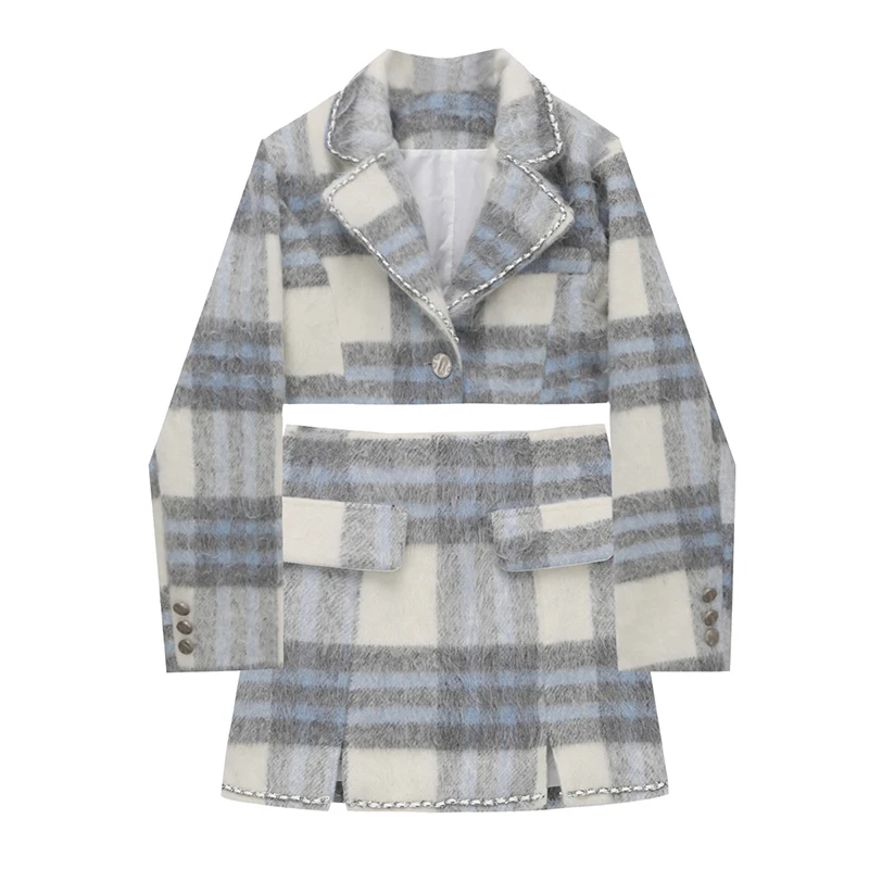 

Женское Короткое шерстяное платье в клетку, комплект из двух предметов, юбка-карандаш с разрезом, пикантный Универсальный костюм, Осень-зим...