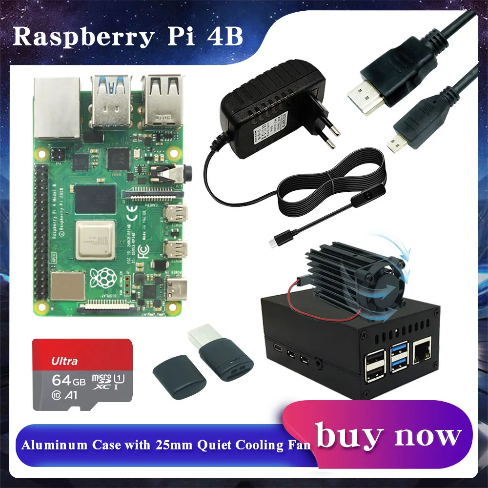 Raspberry Pi 4 Модель B 8 ГБ/4 ГБ/2 ГБ ОЗУ + чехол из алюминиевого сплава бесшумный