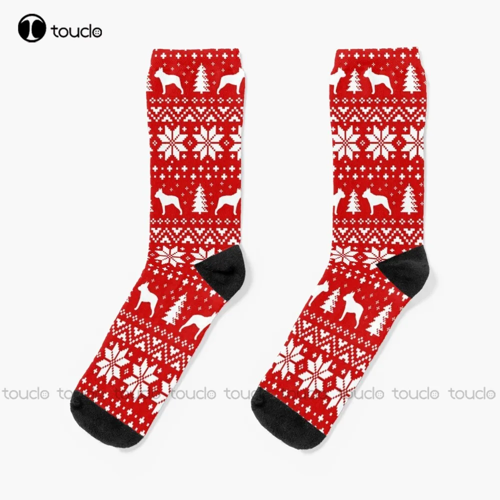 

Boston Terrier Silhouettes Red And White Christmas Holiday Pattern Socks Girls Socks Personalized Custom 360° Digital Print