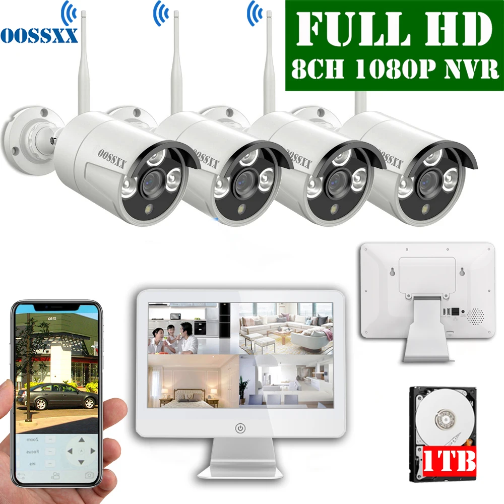 8CH 1080P Беспроводной NVR комплект 12 5 'ЖК дисплей Открытый 2 0 м IP66 камера