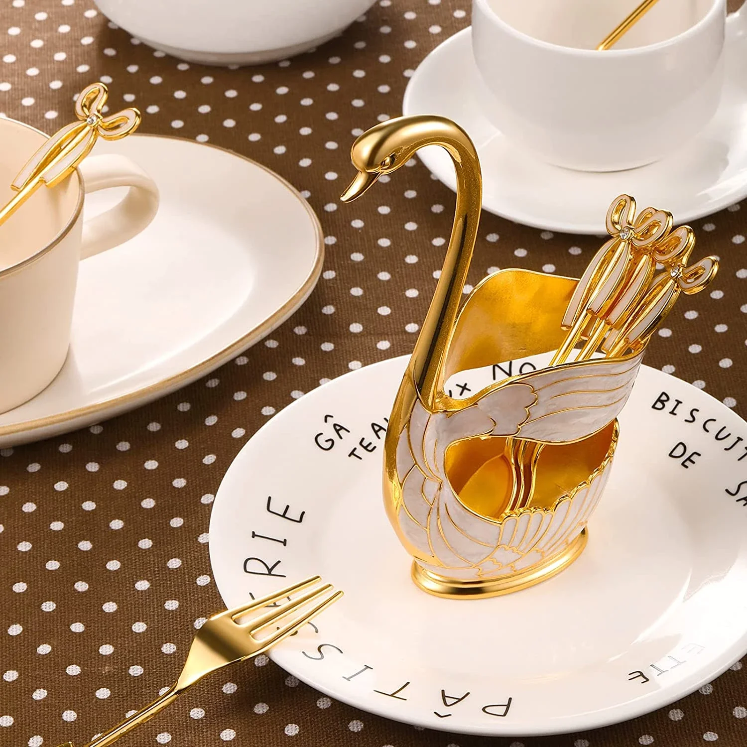 

Luxury Metal Coffee Dessert Spoon Set Cute Dessert Cake Salad Fork Ice Cream Teaspoon Swan Base Stand Dessert Tableware