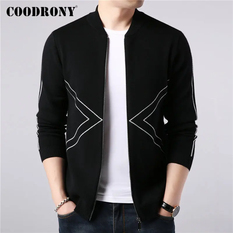 Черный Бренд COODRONY, мужской свитер, пальто, Осень-зима, толстый теплый вязаный шерстяной кардиган, Мужская Уличная мода, полосатые пальто на молнии, 91090 - Цвет: Черный