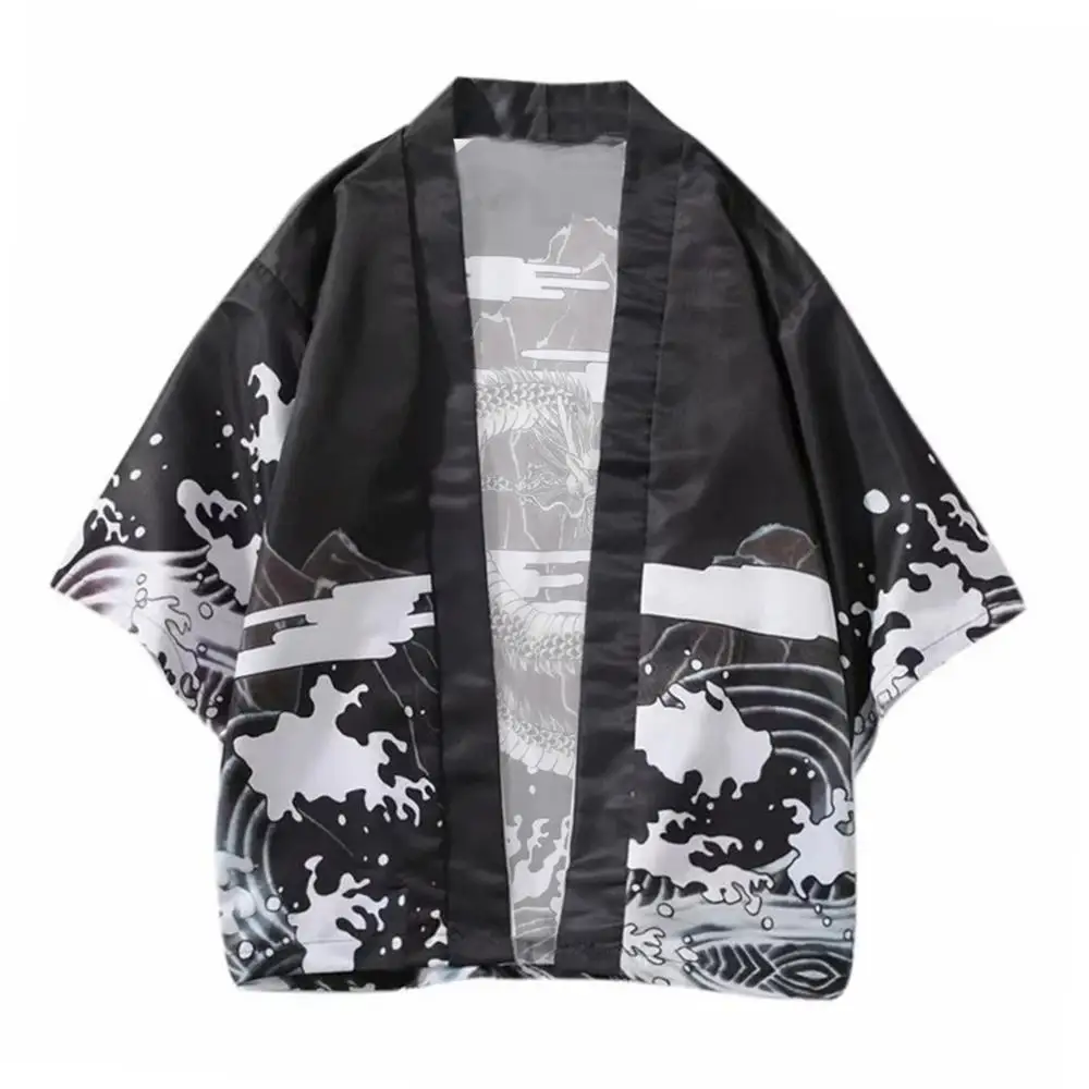 

Casual Men Wave Dragon 3/4 Sleeve Open Front Kimono Yukata Cardigan Coat Shirt