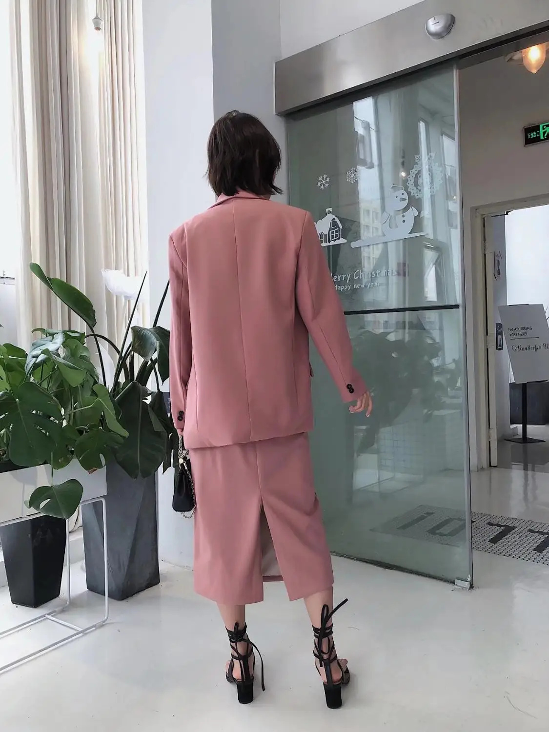 2020 Autumn Double-breasted Button Mid Long Blazer High Waist mid calf Back Slit Skirts OL Women Sleeve Suits 2 Pieces Set |