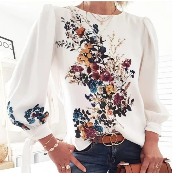 

European and American printed T-shirt ladies long-sleeved top women shirts blouses plus size long sleeve
