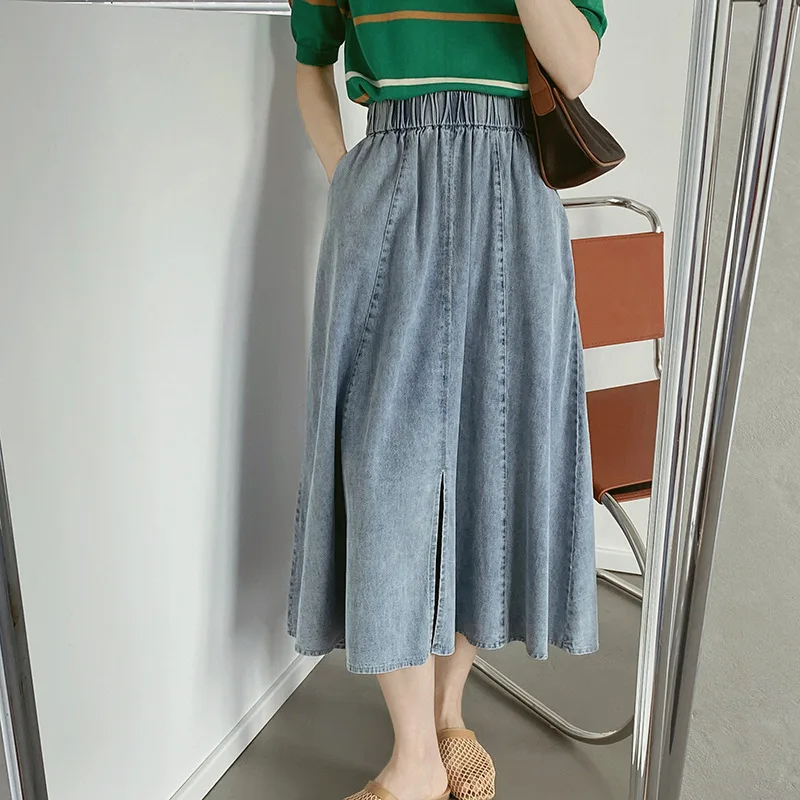 

2021 summer soft denim skirts female long skirt restoring ancient ways tall waist split a word 8183