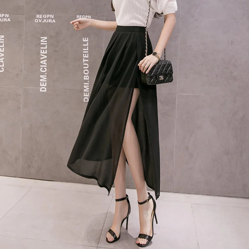 

High Waist Split Chiffon Skirt For Women 2021 Summer Loose Slim Pleated Skirt Womens Black Midi Korean Skirt Women Ropa Mujer