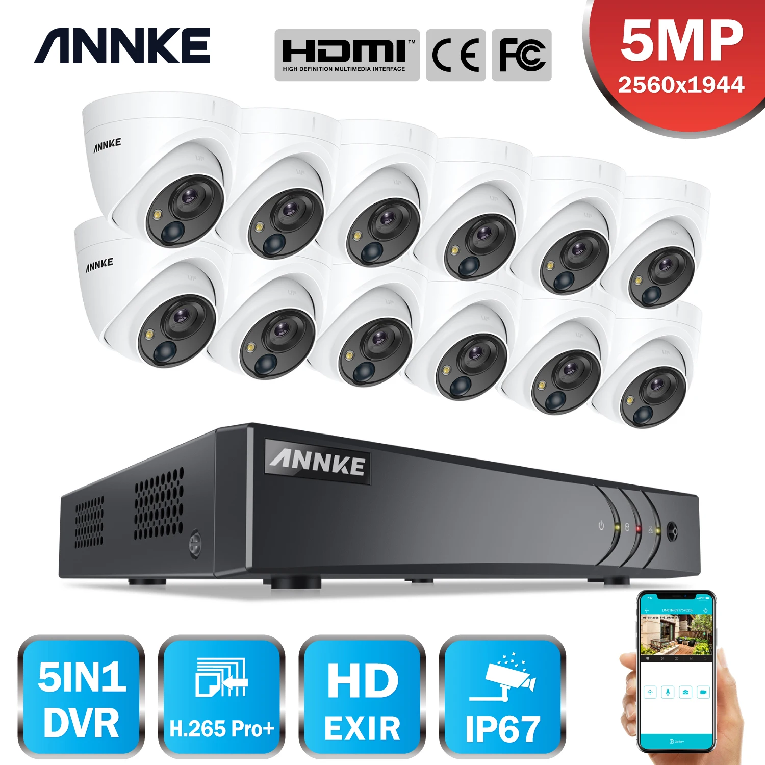 ANNKE 16CH 5MP Lite HD видео система безопасности 5в1 H.265 + DVR с куполом 12X всепогодный PIR