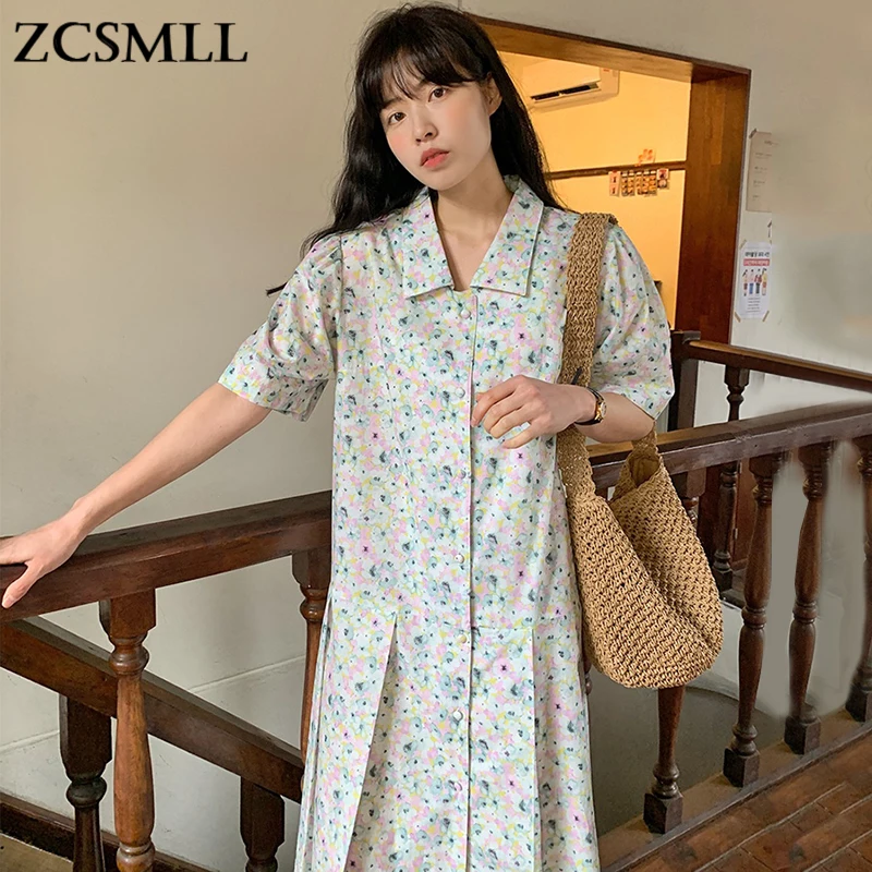 

ZCSMLL Korean summer lapel color single-breasted female vestido loose and versatile pleated short-sleeved dress women