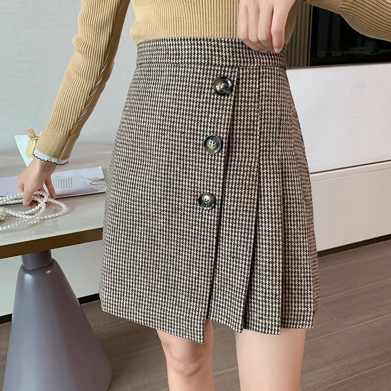 

Autumn Winter Women High Waist Splice Pleated Woolen Skirt Female Elegant Korean Slim Casual Button Plaid Mini Skirts