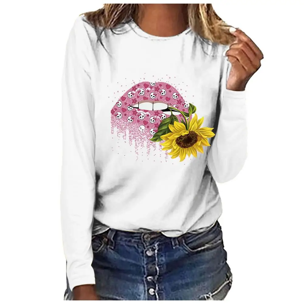 Женские топы уличная мода плюс размер круглый вырез с длинными рукавами футболка