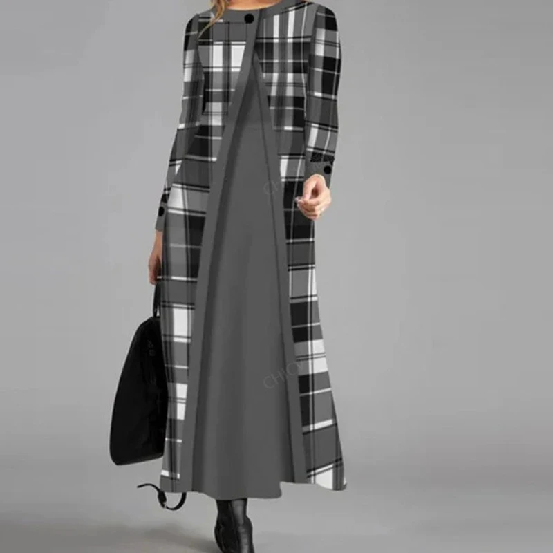 

Women Plaid Splicing Button Cardigan Dress Spring Autumn Solid Color Long Sleeve Office Dress Elegant Lady Casual Loose Dress