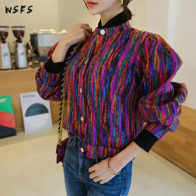 

Autumn Coat Jacket Khaki Purple Striped Short Coats Ladies Loose Elegant Overcoat Baseball Jackets Clothes Outerwear Womens Punk