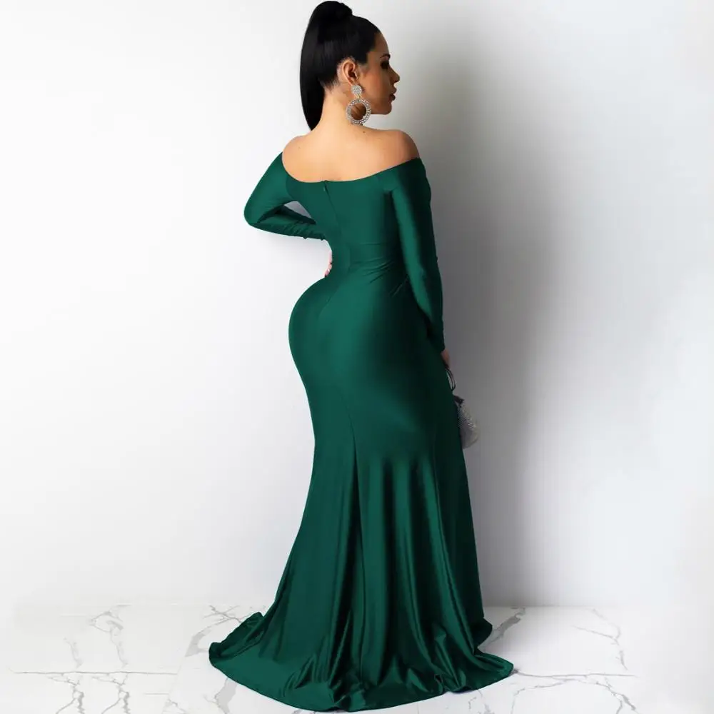 

Women V Neck Sexy Solid Color Slim Split Floor Length Evening Party Dress Vestidos