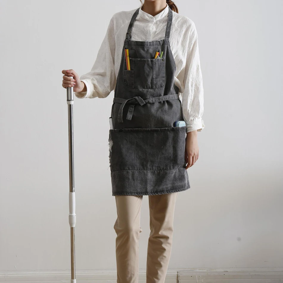 

Professiona Korean Adjustable 100% Cotton Denim Apron Kitchen Aprons For Woman Adult Baking Smock Chef Cafe Unisex Jeans Apron