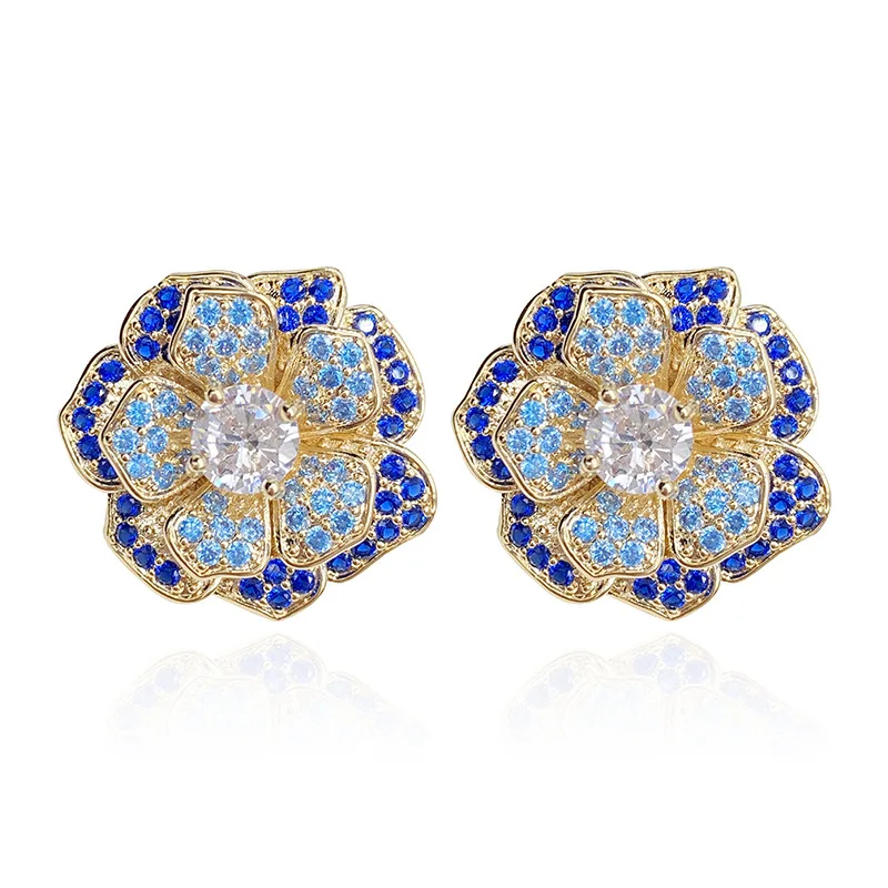 

Fashion Temperament Camellia Flower Earrings Micro Pave Cubic Zirconia Luxury Jewelry Summer Statement Ear Studs