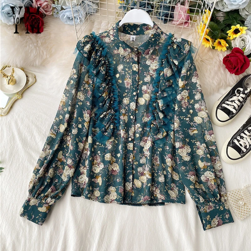 Женская блузка с цветочным принтом корейская мода весна осень кружевная