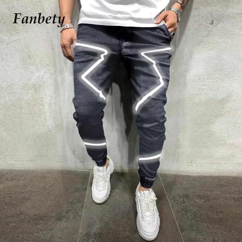 

Джинсы мужские в стиле ретро со средней талией, модные брюки-карандаш со светоотражающими полосками, узкие брюки из денима в стиле пэчворк, ...