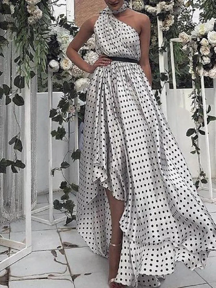 Летнее Сексуальное Женское Платье с лямкой на шее в горошек макси повседневное