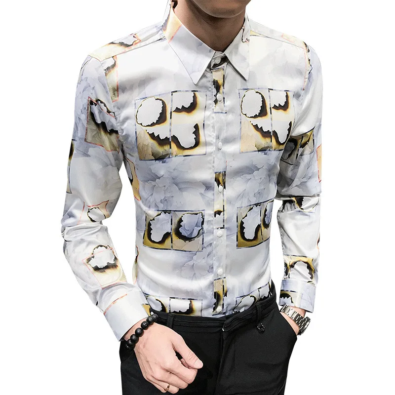 

England 2021 Flower Shirt Men Casual Slim Fit Shirt Long Sleeve Camisa Social Masculina Night Club Male Streetwear Shirt