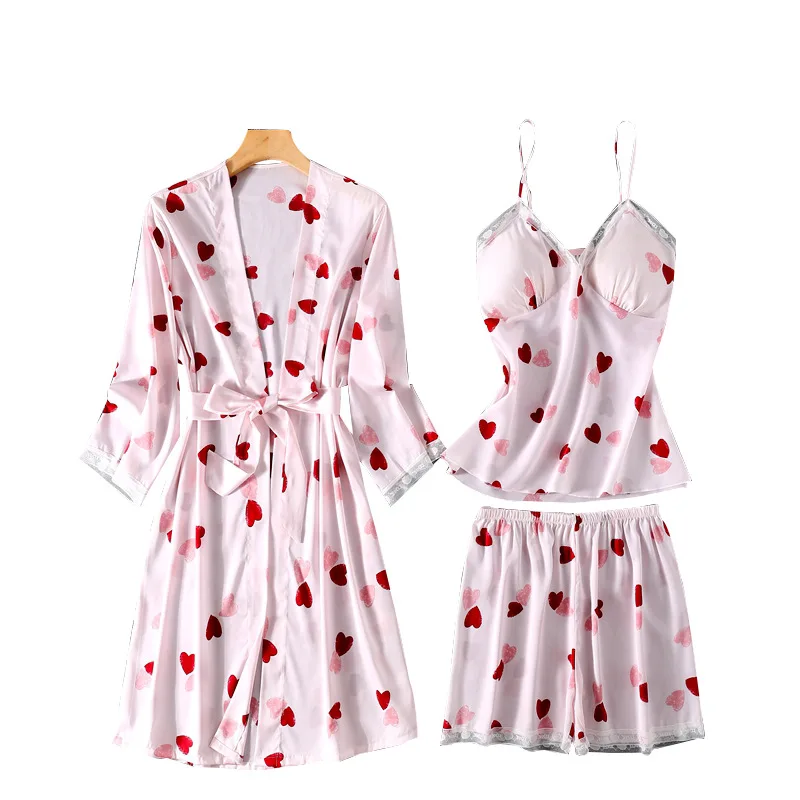 

Print Satin Female 3PCS Robe Set Intimate Lingerie Sexy Lace Kimono Bathrobe Nightwear Sleepwear Spring Summer New Homewear
