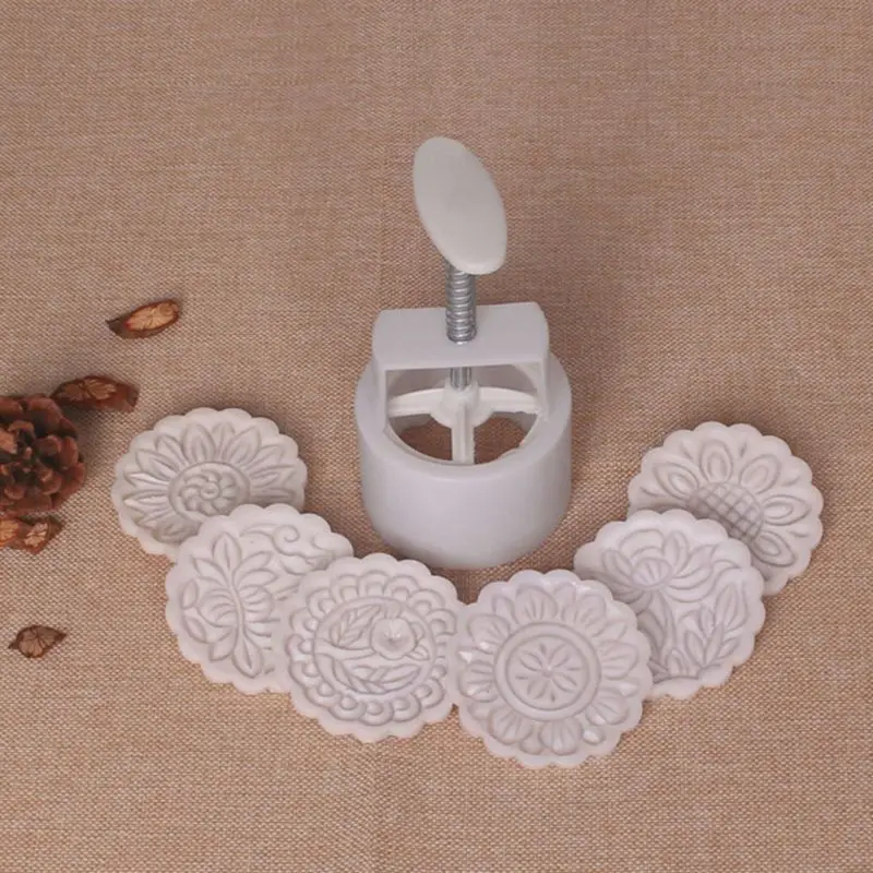 

150g Mooncake Barrel Mold with 6pcs Flower Stamps Hand Press Moon Cake Pastry Mould DIY Bakeware