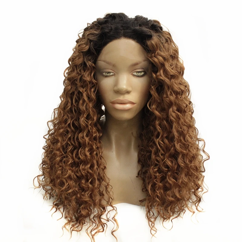 Термостойкий синтетический кружевной передний парик Омбре коричневый кудрявый