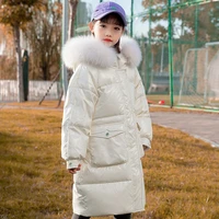 new childrens down jacket girls with real fur collar mid length thick white duck down